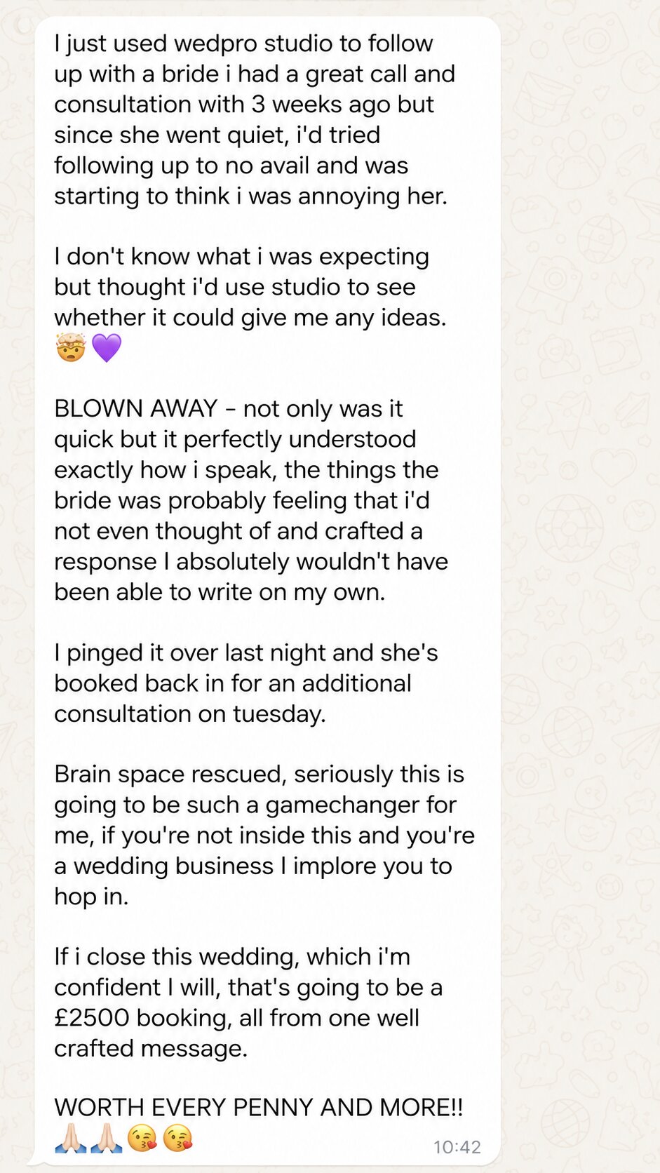 Member message about recovering a £2,500 booking from a quiet enquiry