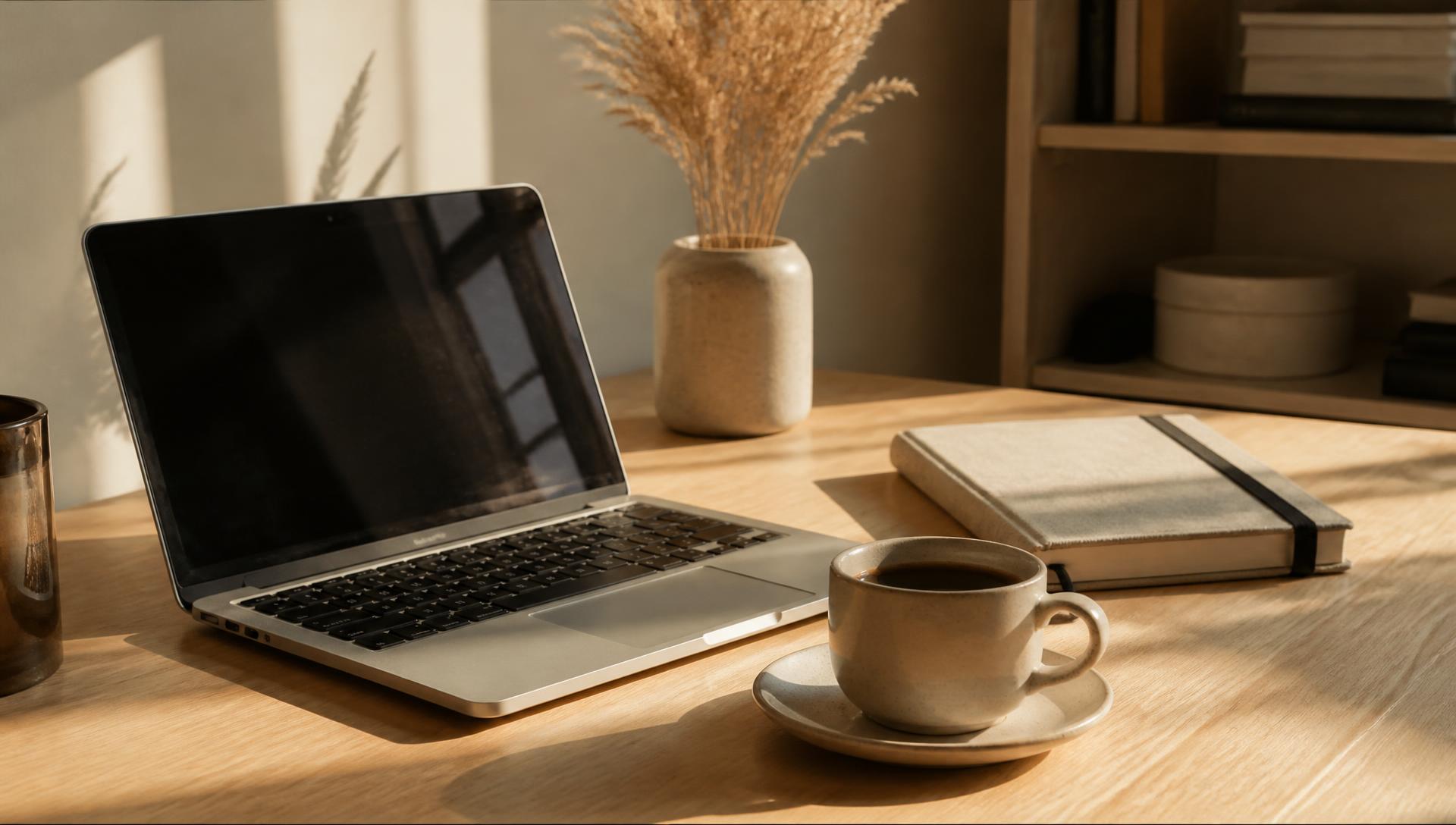 A calm, organised desk in morning sunlight with a laptop, notebook and coffee