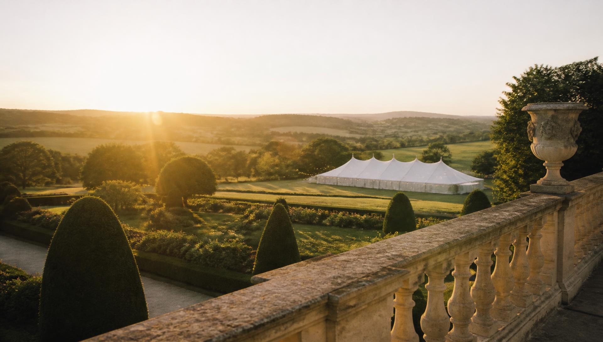 Wedding venue gardens at sunset